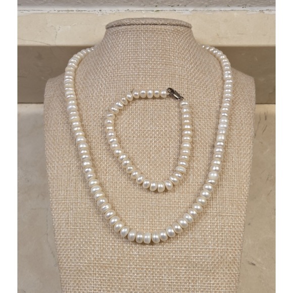 The Unbranded Brand Jewelry - Vintage Genuine Pearl Necklace 17" & Bracelet 7" Sterling Silver Claps 5-7mm